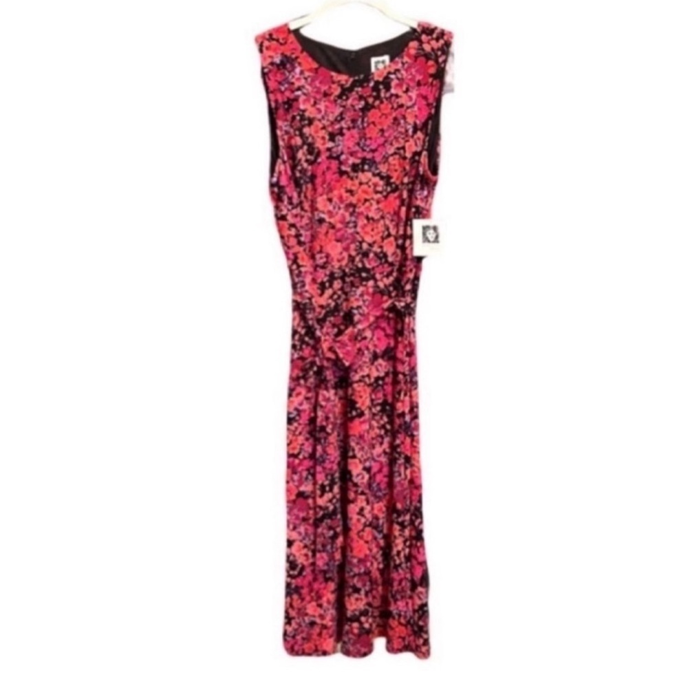 NEW Anne Klein Sleeveless Belted Midi Dress Floral Jersey Red Black Pink Size 8